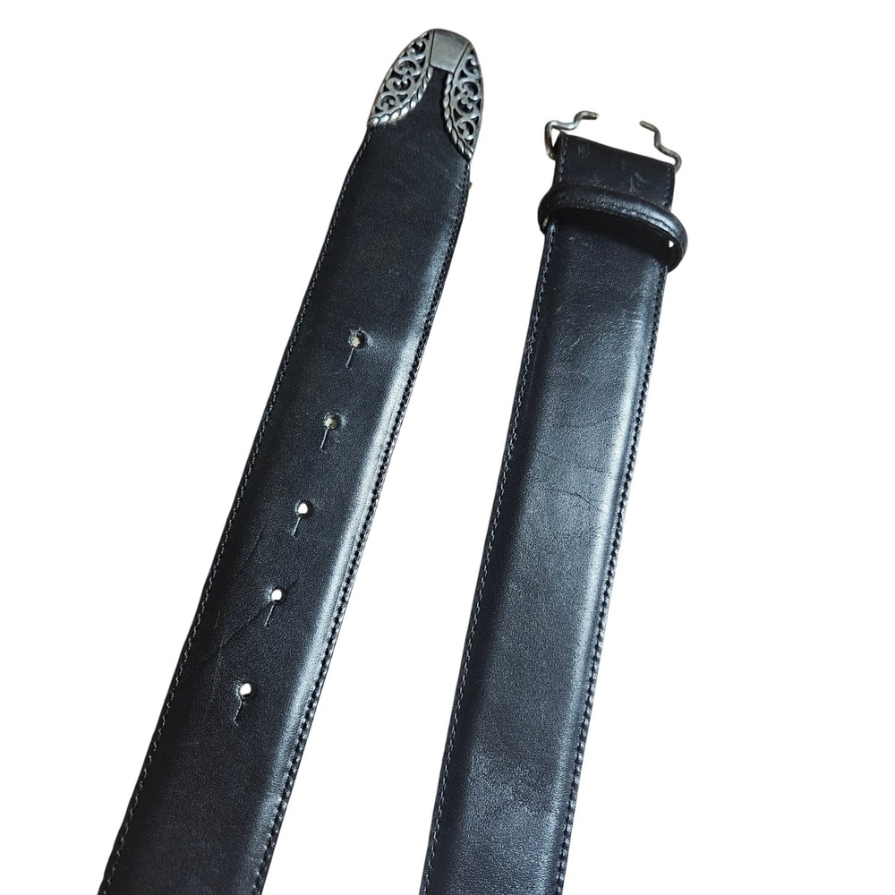 Vintage 1995 Brighton 39903 Black Leather Western Belt M Silver Filigree Tip